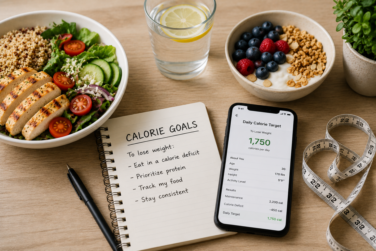 Calorie goals notebook, healthy meals, and a daily calorie target on a phone