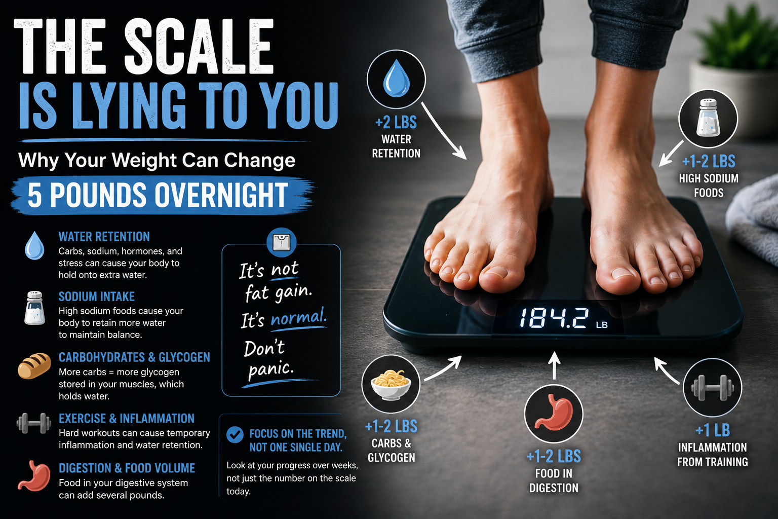 Scale graphic explaining why body weight can change overnight from water, sodium, carbs, digestion, and training